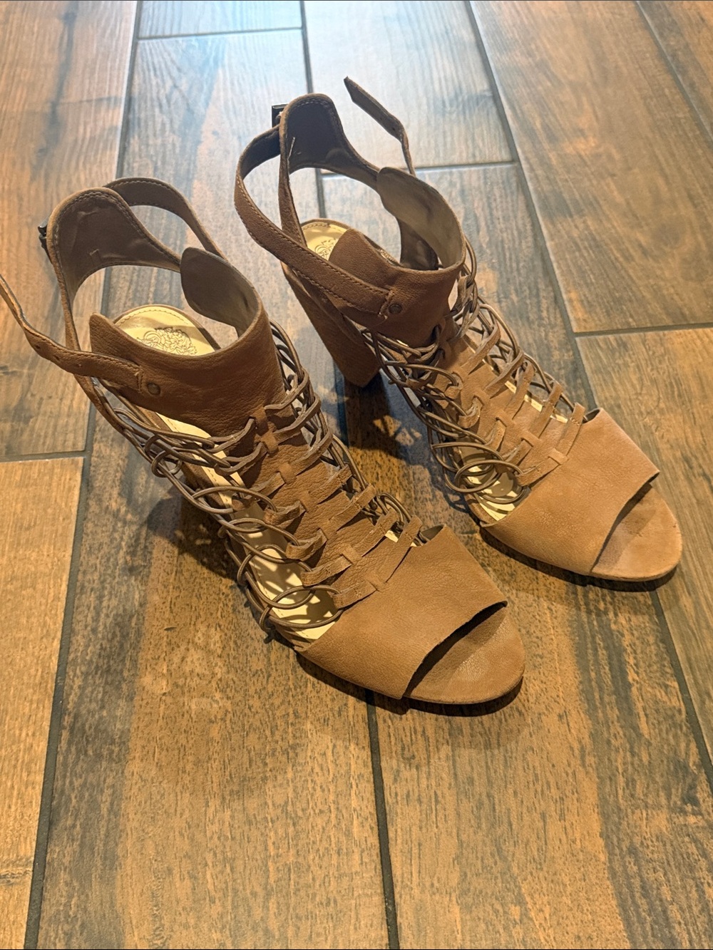 Vince Camuto Evel Caged Cognac Open-Toe Lace-Up Block Heel Sandals